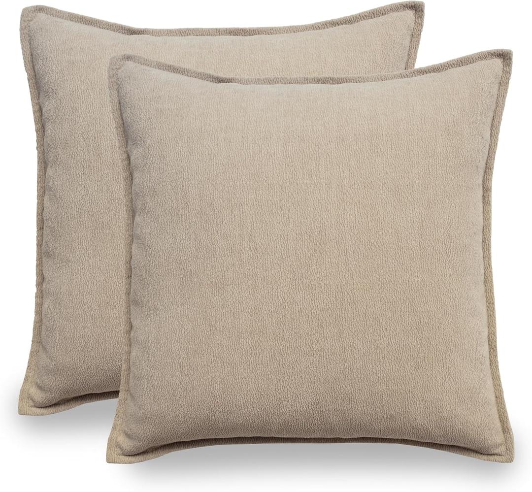VOILYBIRD Pack of 2 Decorative Chenille Solid Accent Throw Pillow Covers, Modern Pillow Covers for Sofa Couch Bed Living Room Home Decor, 18x18 Inch, Beige