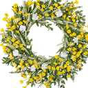26" Spring Wreaths for Front Door Artificial Floral Wreath with Wildflowers Portulaca CHEAWRTZ Summer Easter Decorations for Indoor Outdoor Window Wall Farmhouse Porch Home Decor Yellow and White