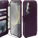 VANAVAGY Wallet Case for Galaxy S24 with RFID Blocking Card Holder, [Screen Protector & Camera Lens Protector] PU Leather Flip Case with Wrist Strap for Wireless Charging, Purple