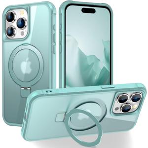 CHAOFEnG Magnetic Compatible with iPhone 15 Pro Max Case with Stand [Military Grade Drop Tested][Compatible with Magnet] Ring Translucent Slim Hard Back Soft Edge, Teal Green