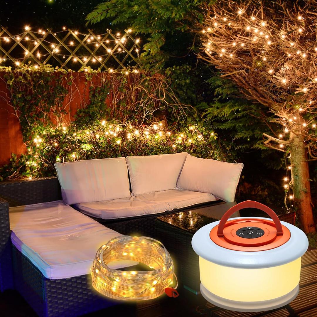 Camping lights string - 2 in 1 upgraded 32.8ft Rechargeable 19 lighting modes tent lights for camping, Quick Storage&Portable LED Lamp for Outdoor Patio Awning Garden Party Decor Essentials(White)