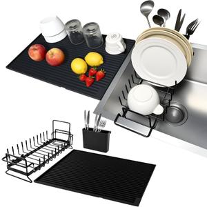 Expandable & Collapsible Dish Drying Rack for Over The Sink and in Sink, Stainless Steel with Silicone Drip Tray, Space Saving Adjustable Dish Rack for Small Kitchen, Apartment & RV