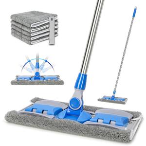 Professional Microfiber Hardwood Floor Mop, Flat Mops with 5 Pieces Reusable Washable Pads for Home and Office Wet or Dry Floor Cleaning (Sky Blue)