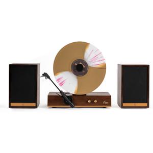 Fuse GLD Vertical Vinyl Record Player with Speakers | Gold Trim | 5.3 Bluetooth, AUX | Full Range External Speakers | Premium Cartridge | Vintage Mid Century Modern | Handcrafted Ashtree Wood