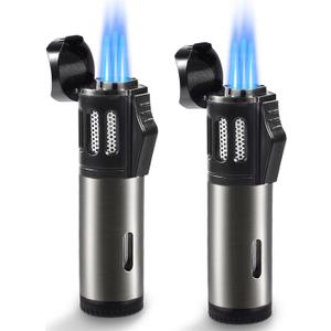 2 Pack Torch Lighters, Triple Jet Flame Butane Gas Refillable Lighter, Adjustable Windproof Lighter for BBQ Kitchen Fireplace Camping, Black