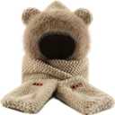 Hooded Scarf for Women Winter, Cute Bear Ear Hat Scarf 3 in 1 Faux Fur Gloves Set Soft Thick Warm Hat (Khaki)