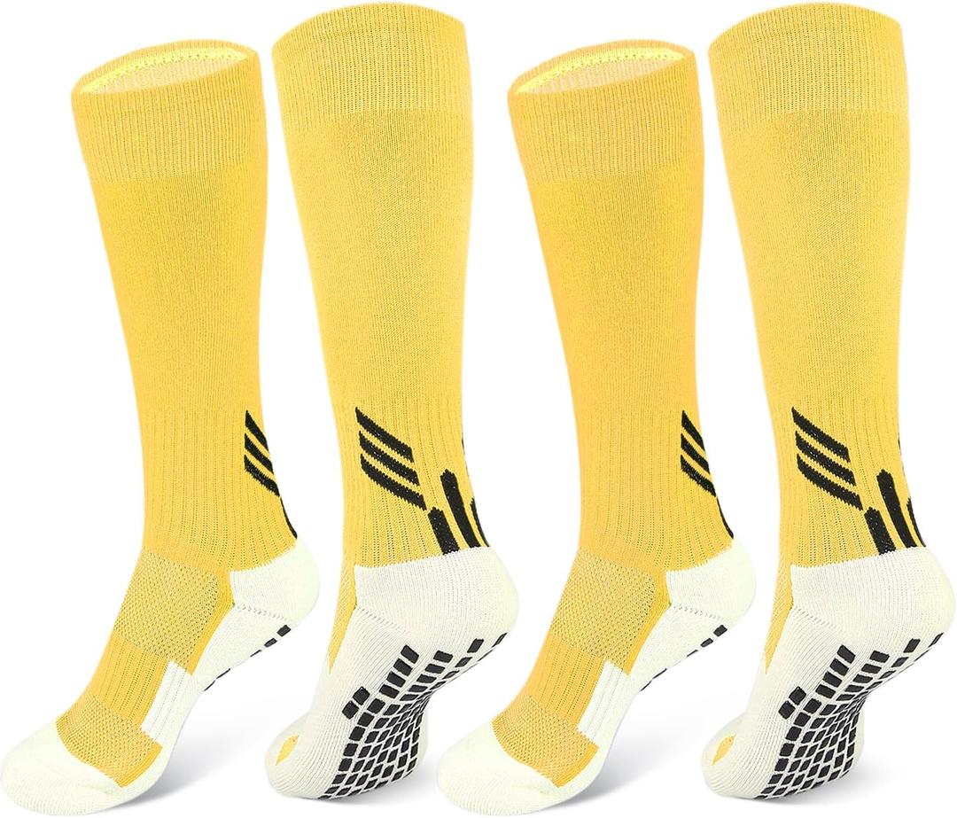 ZEPOHCK 2 Pairs Kids Non Slip Football Knee Length Socks Football/Hockey Grip Socks Suitable For Boys and Girls Aged 6-12 (Yellow)