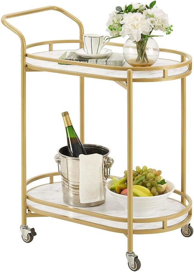 unipaws Bar Cart with Wheels, Easy Assembly Rolling Serving Bar Trolley with 2-Tier Shelves and Rotating Wheels for Home Kitchen Dining and Living Room (Gold & White)