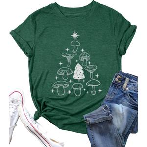Women Mushroom Shirts Moon Graphic Tees Floral Flowers Printed Aesthetic Hiking Adventure Nature Short Sleeve Shirts (Green, XL)