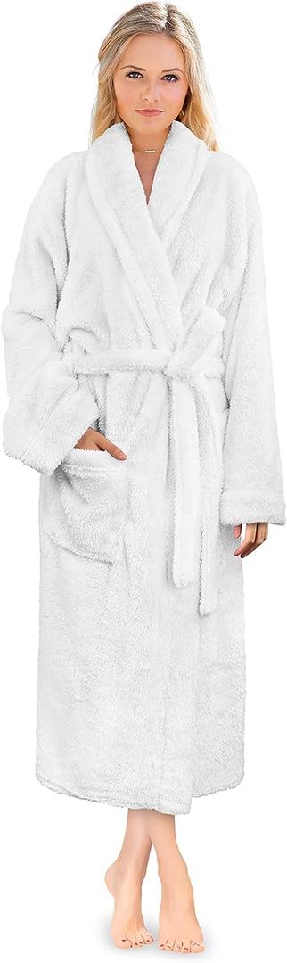 PAVILIA Premium Womens Plush Soft Robe Fluffy, Warm, Fleece Sherpa Shaggy Bathrobe (Large-X-Large, White)