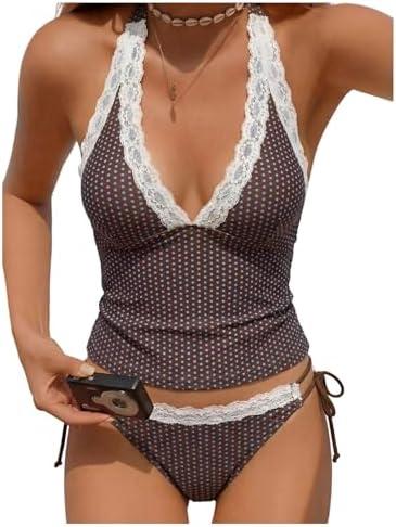 Verdusa Women's 2 Piece Tankini Swimsuits Polka Dots Lace Tie Backless Halter Tops with Thong Bathing Suits L
