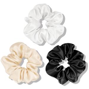 OLESILK 100% Mulberry Silk-Scrunchies for Hair Sleep, Women Grils Silk Hair Ties for Frizz & Breakage Curly Hair, No Damage, Elastics Ponytail Holder, 3 Pack (3pcs, Black-White-Light Champagne)