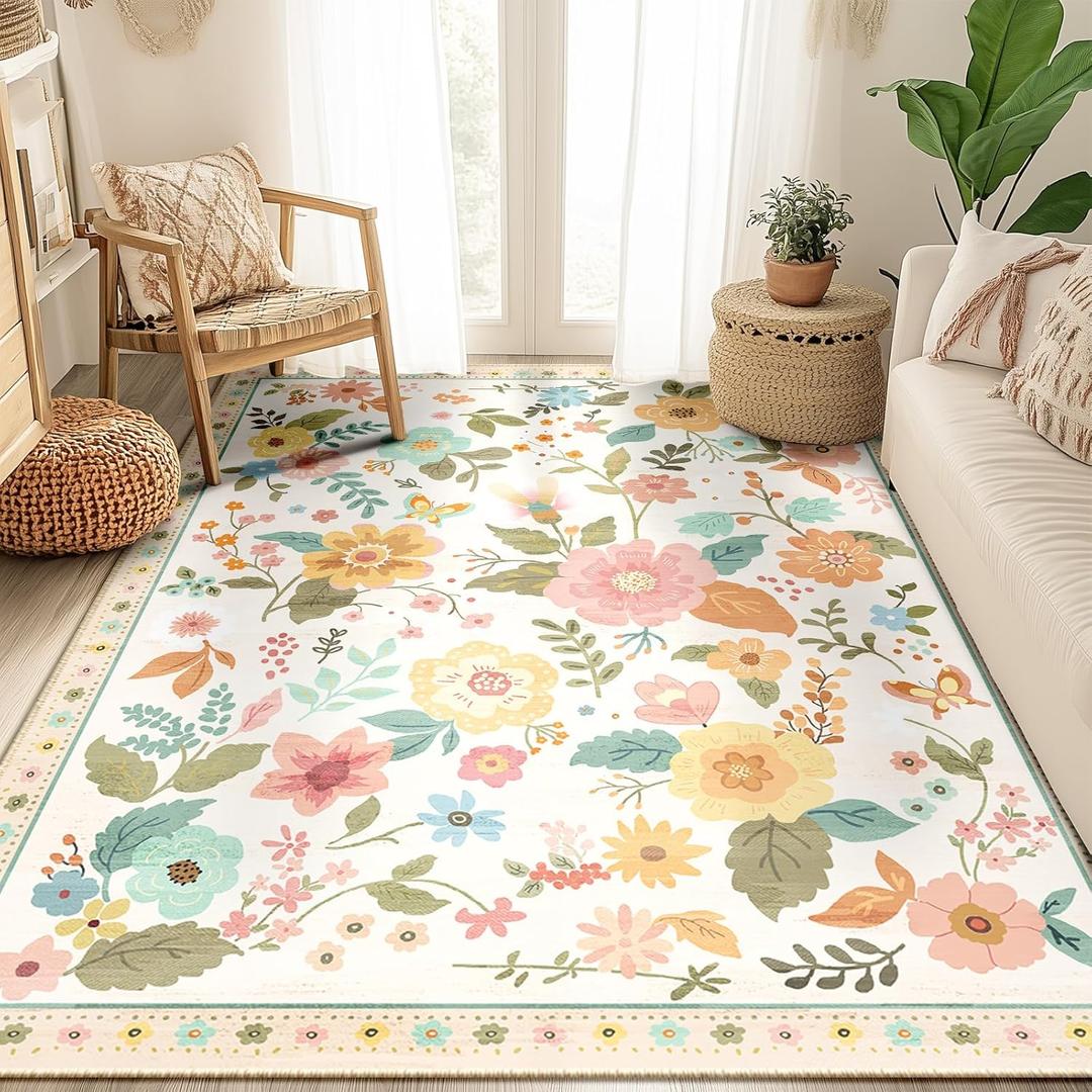 Floral Nursery 5x7 Area Rugs Machine Washable Soft Print Boho Carpet Non Slip Flower Doormat Low Pile for Living Room Kids Girls Room Bedroom Kitchen Dining Room Indoor-Beige/White/Orange