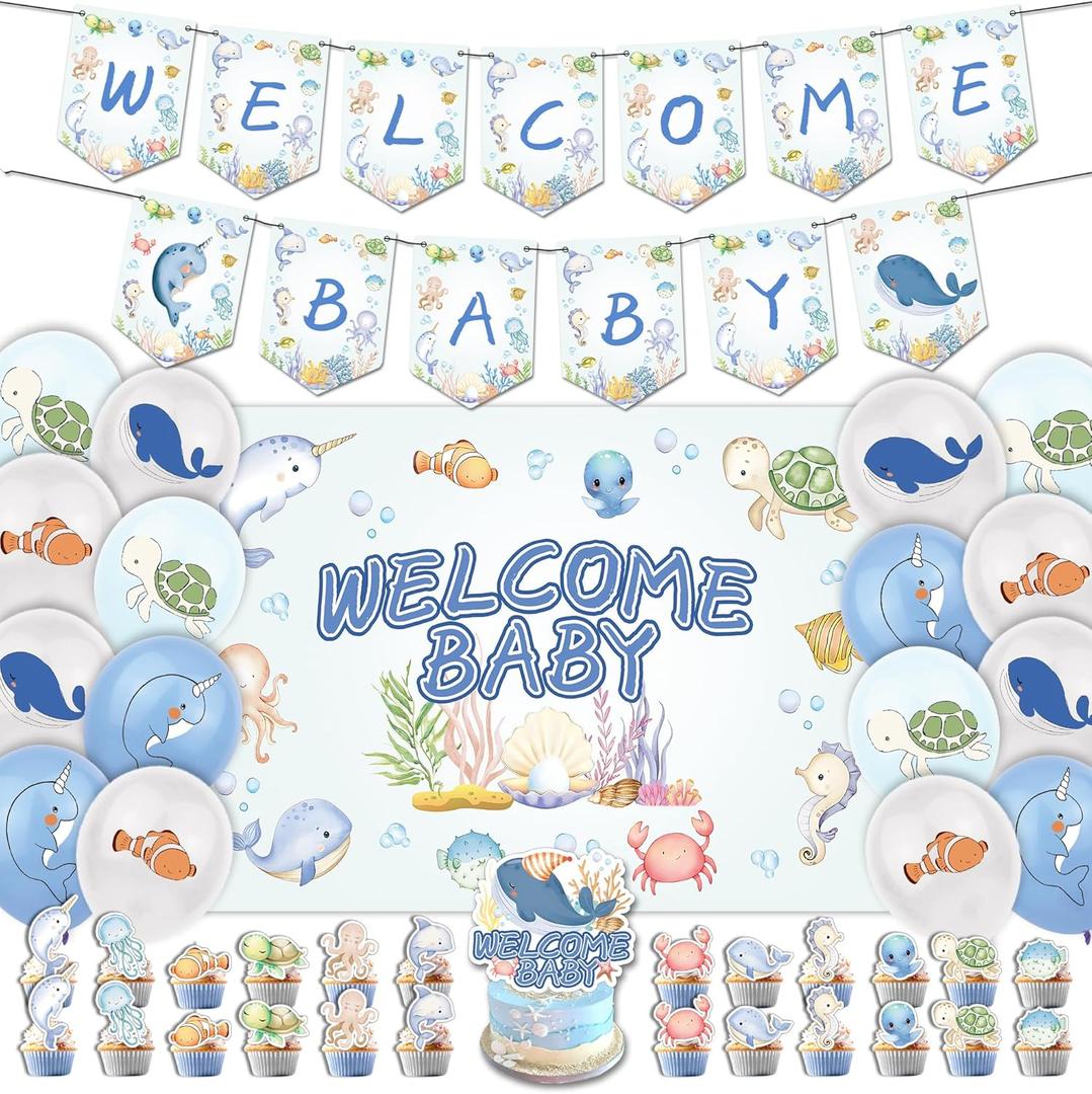 43Pcs Sea You Soon Baby Shower Decorations, Under the Sea Baby Shower Party Supplies Includes Welcome Baby Banner-Cake Topper-Cupcake Toppers-Balloons-Backdrop, Ocean Animals Theme Party Decorations
