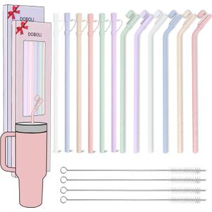 Doboli 12 Pack Replacement 12&13 inch Long Silicone Straw With Straw Cover, Compatible with Stanley 40 oz 30 oz Cup Tumbler, Reusable Straws with Cleaning Brush, for Stanley Tumbler Accessories