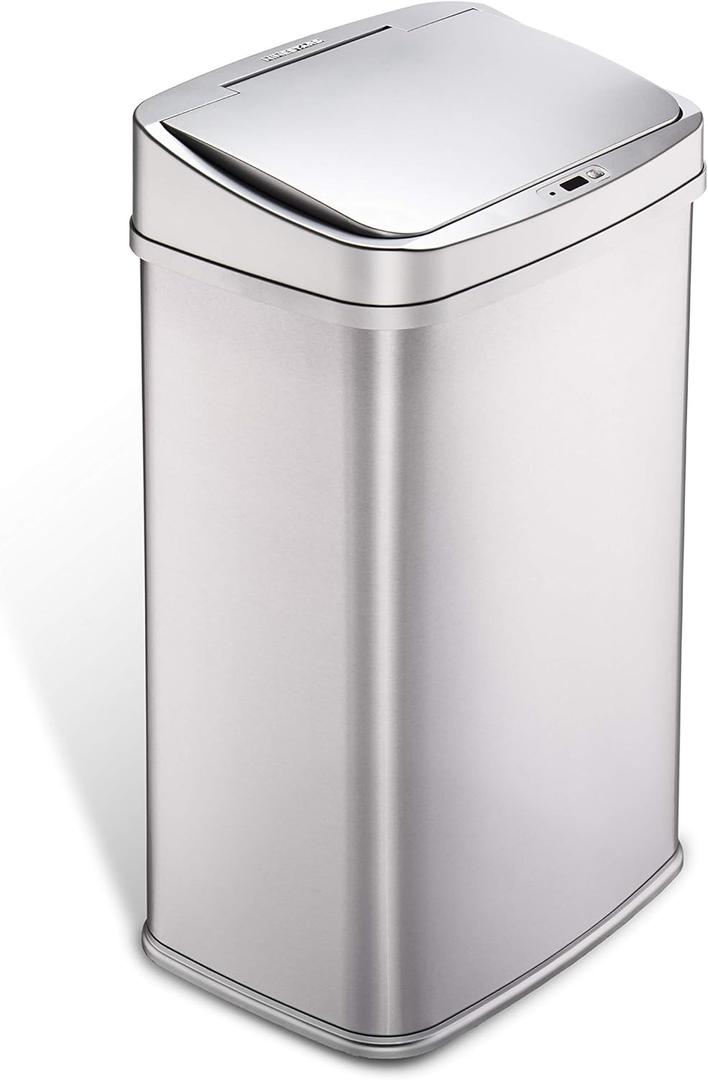 Ninestars 13 Gallon Automatic Trash Can, 50L Touchless Motion Sensor Garbage Can with Odor-Sealing Lid, Rectangular Stainless Steel, Silver Trim