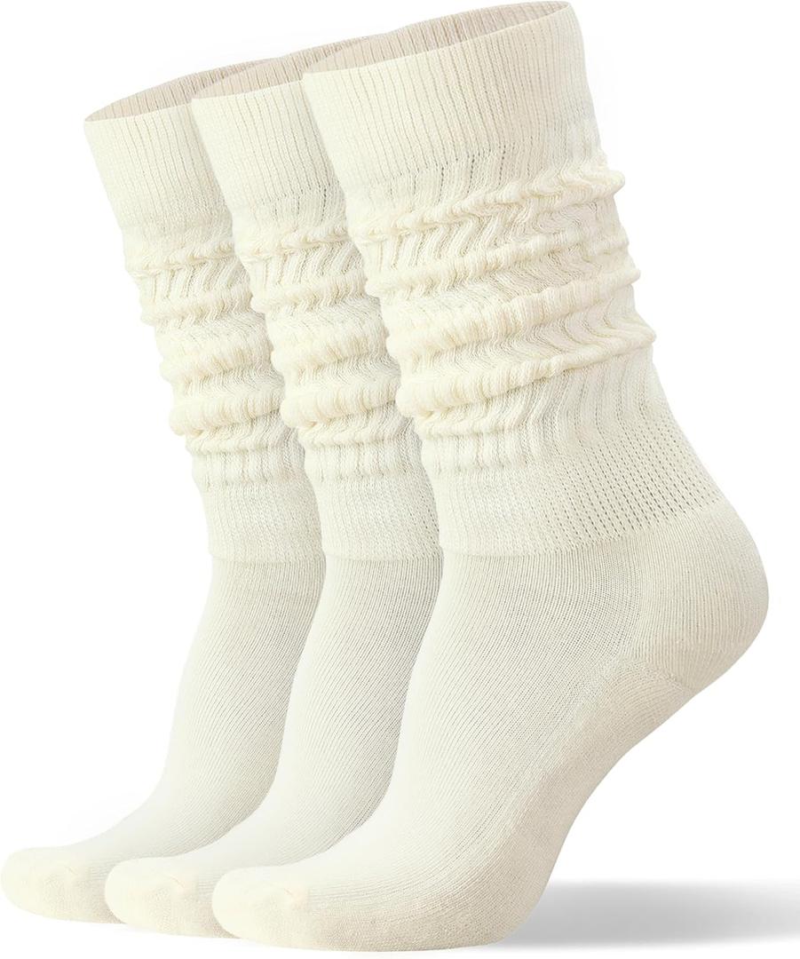 Women's Slouch Scrunch Socks Retro Knee High Soft Stack Chunky Cozy Boot Socks For Women Size 6-11 (3 Pairs Beige)