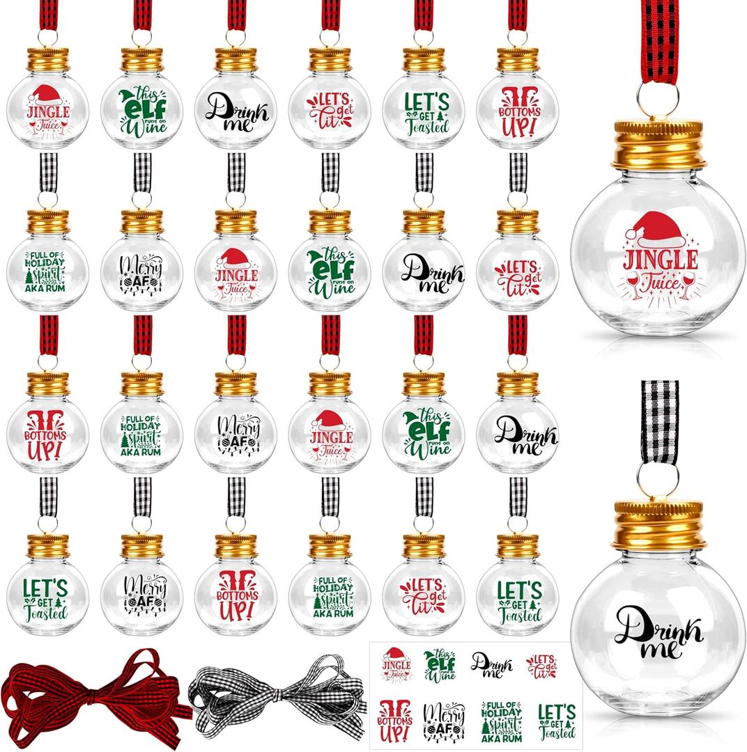 32 Pack Fillable Christmas Balls, Christmas Tree Hanging Ornaments Clear Plastic Water Bottle Bulbs Pendant Ball with Plaid Ribbon and Stickers for Xmas Home Party Decor (Round)