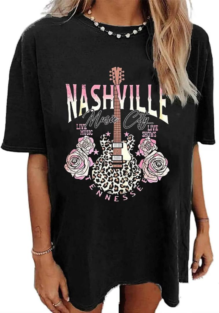 Oversized Rock Band T-Shirt Women Country Music Shirt Tops Nashville Music City T-shirt Vintage Guitar Wings Graphic Tees, M