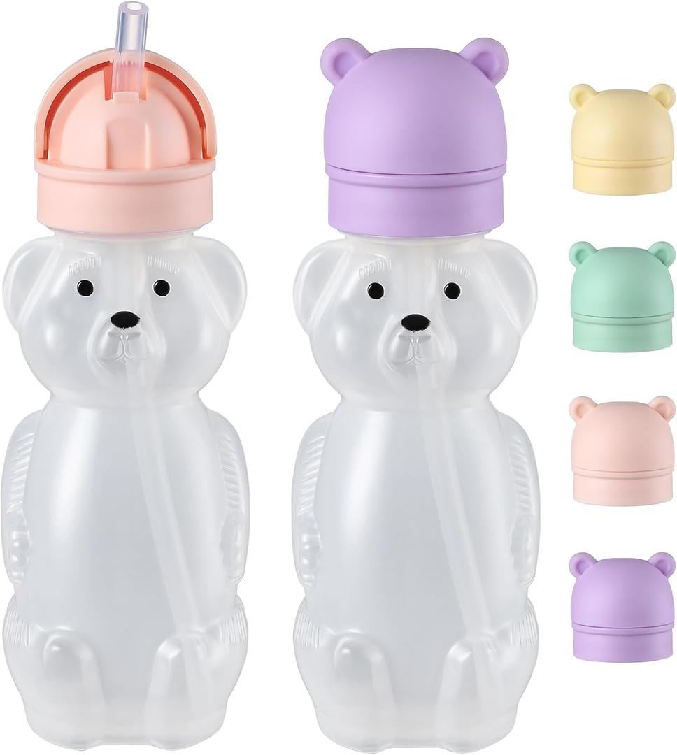 Upgraded 2 Pack Honey Bear Straw Cups for Baby, Toddler - Flip Top, Spill-Proof & Anti-pullout & Pop-up Straw Design - 8 OZ Squeezable Transition Sippy Cup for Speech & Feeding Training, Purple&Pink