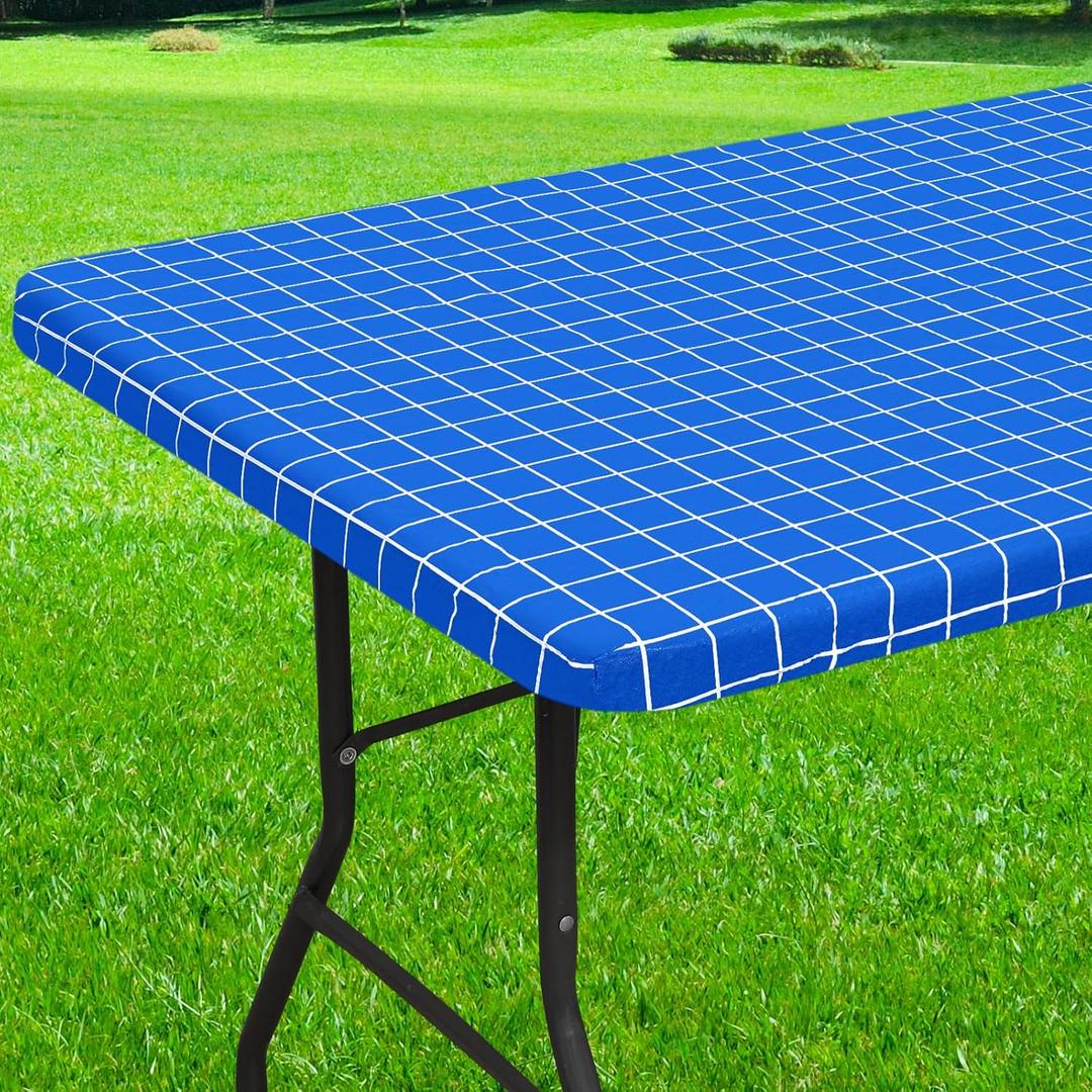 Rectangle Vinyl Table Cloth 24x48, Waterproof Elastic Fitted Tablecloth with Flannel Backing, Plastic Table Cover for Picnic, Camping, Outdoor, Blue