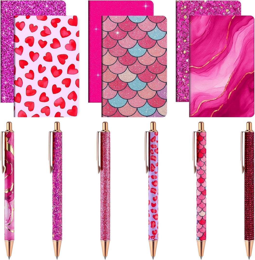 12 Set Cute Mini Notebook and Fancy Pen Gift Set for Women 6 Mini Glitter Pocket Notepad 6 Cute Sparkly Glitter Pen for Girl Office First Day of School Mother's Day Christmas Graduation(Rose Red)