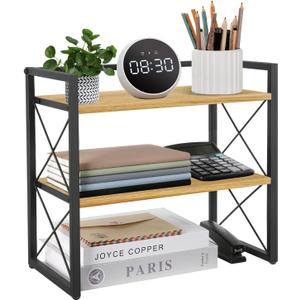 YINMIT Desktop Shelf Organizer, 2 Tier Office Shelves, Wood Desk Organizer Storage Rack and Freestanding Display Shelf for Office, Dormitory, Home (Black Wood)