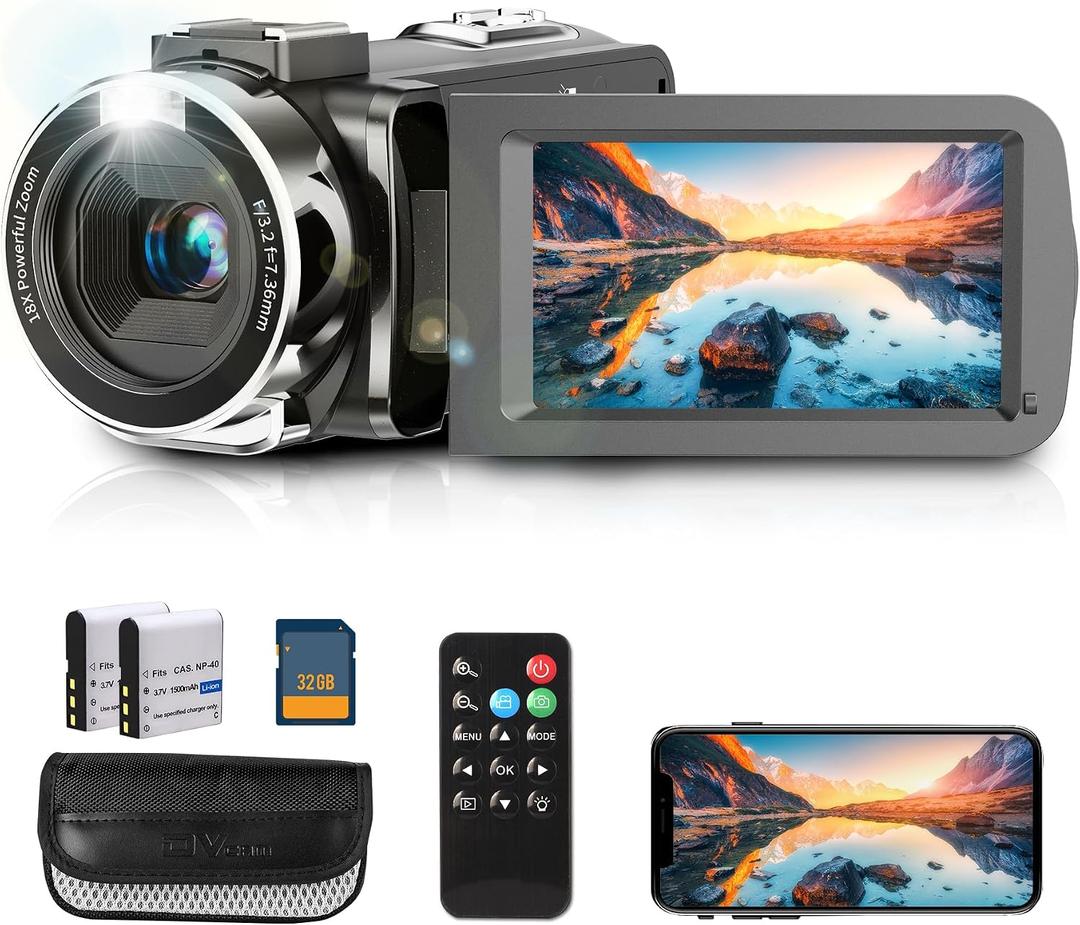 4K Video Camera Camcorder with IR Night Vision, WiFi Digital Camera, 18X Digital Zoom, Vlogging Camera for YouTube, Kids Video Camera, Built in Microphone, Remote, 2X Batteries