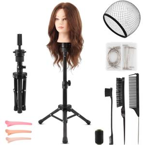 Mannequin Head Stand, 22 '' Height Adjustable Tripod Wig Stands for Styling, Wig Stand Tripod Tool Kit for Cosmetology Hairdressing Training with Caps, Pins, Comb, Hair Clips