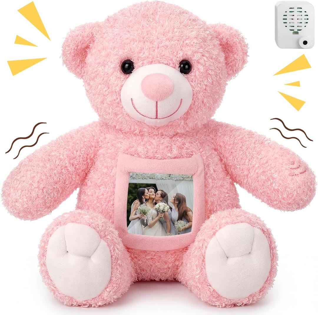 Liliful Bear Stuffed Animal Custom Operation Recorder Bear with Voice Recorder 12 Inch Remembrance Animal Personalized Plush Toy with Photo Frame for Baby Shower Wedding Birthday Gifts(Pink)