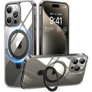 TORRAS Magnetic Ostand for iPhone 15 Pro Max Case, Military Grade Drop Tested, Compatible with MagSafe, Built in Kickstand, Clear Slim Hard Back Soft Edge 6.7" 2023, Clear Grey