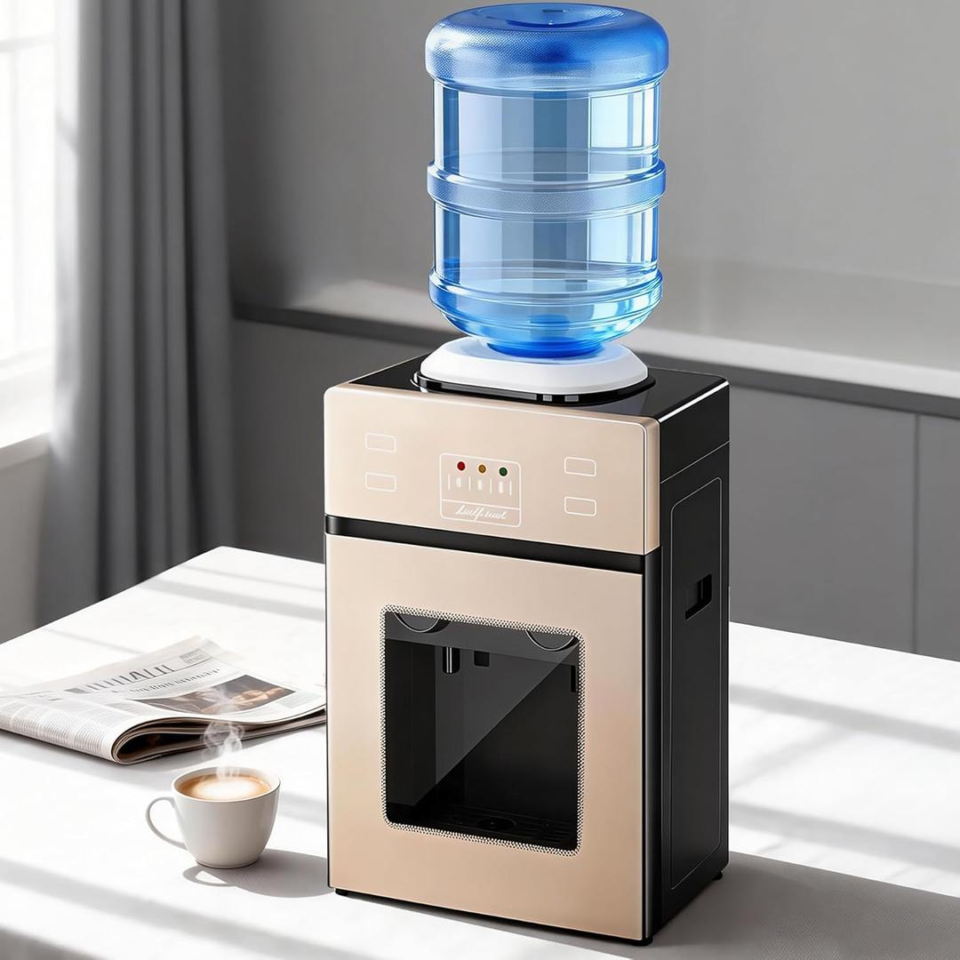 Housiwill Hot and Cold Countertop Water Dispenser, Top-Loading Water Cooler for 1.2 to 5 Gallon Bottles, with Rotating Dual Spout, No-Press Dispensing, Visual Door Cover for Kitchen, Home, Bedside.