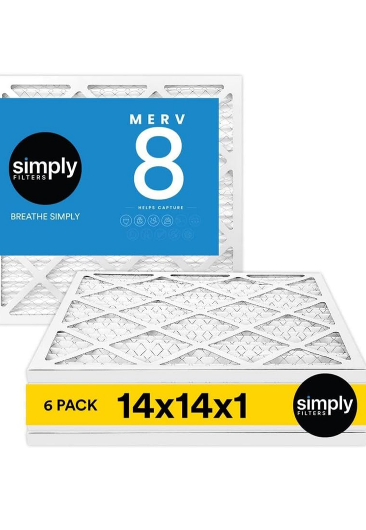 Simply 14x14x1 Air Filter, MERV 8, 6 Pack, For Home AC Furnace & HVAC (Actual Size: 13.75"x13.75"x0.75") DUST, Pet, & Allergy Control