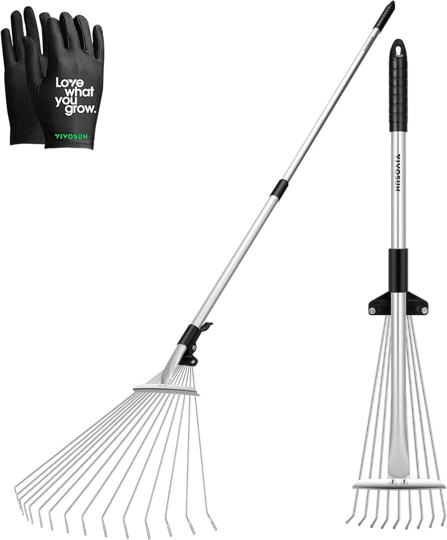 VIVOSUN 2-Piece Leaf Rake Set - Adjustable Garden/Camping Rake with 15/9 Tines, Collapsing Tines & Telescopic Handle (64'' & 30'')