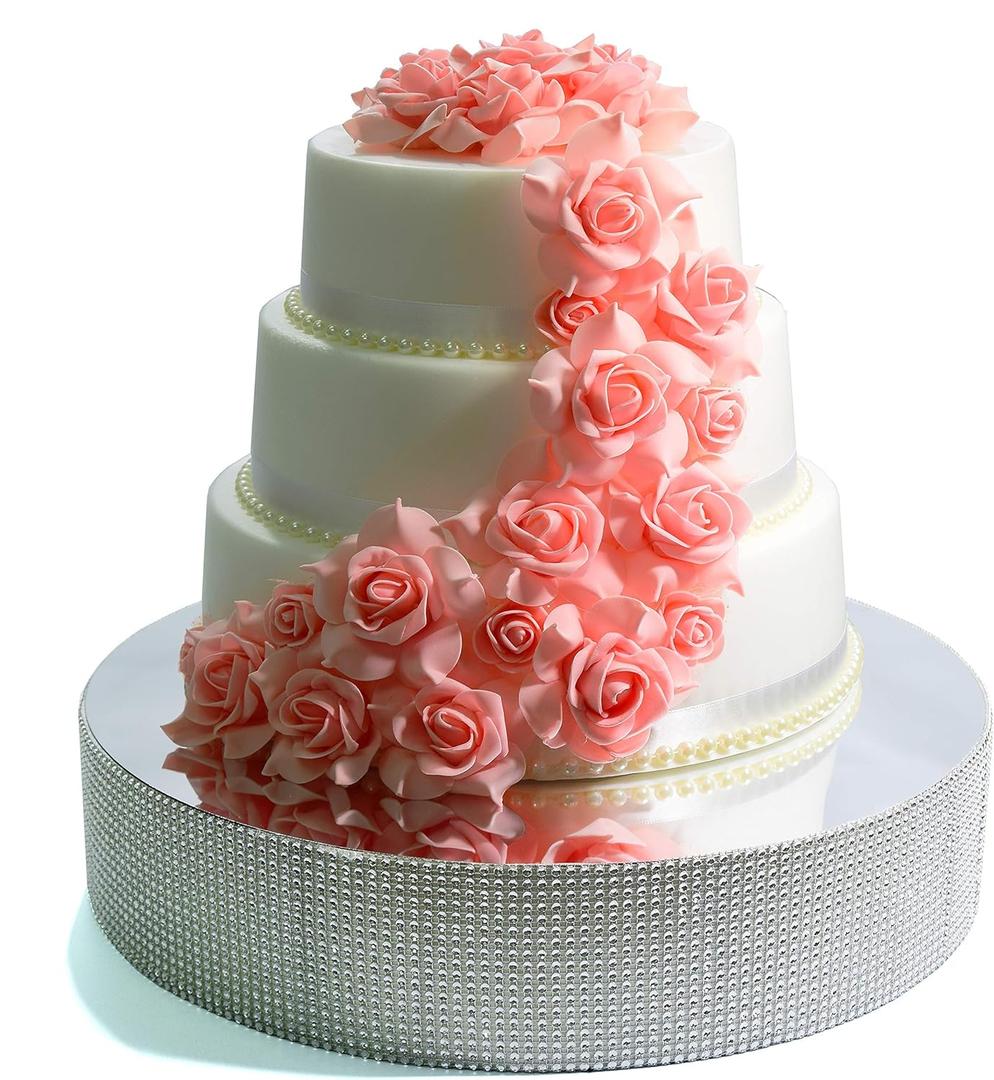 Cakebon Cake Stands - 13.5" Silver with Faux Rhinestones for Cakes and Pastries - Lightweight Polystyrene Foam for Party, Sturdy Wedding Cake Stand (14 Inches, Round)