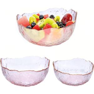 WHJY Pink Colored Glass Salad Bowl Set of 2, Mixing Bowls Decorative Fruit Bowl Serving Bowls for Kitchen, Clear Gold Bowl Wide Rim Pasta Bowl