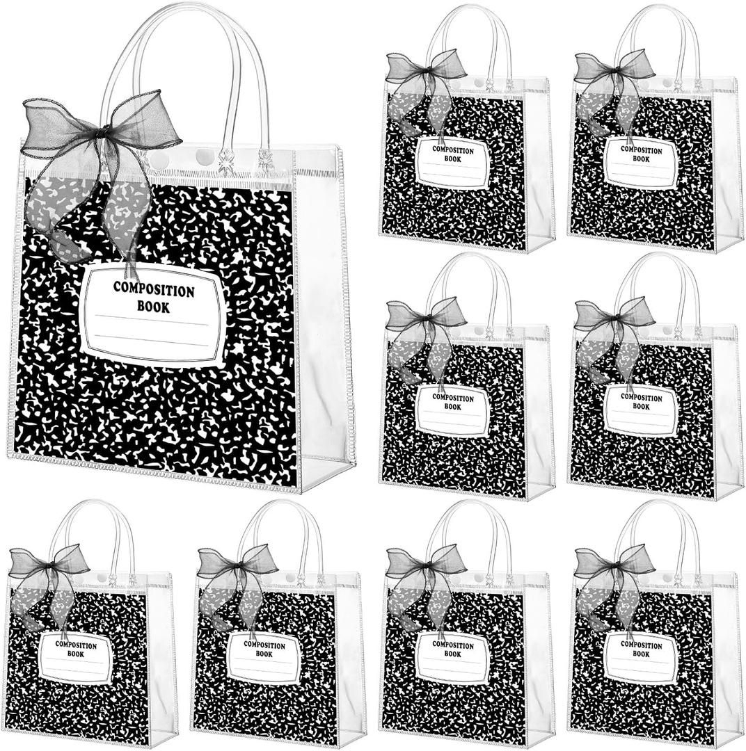 Motipuns 24 Pcs Clear PVC Gift Bags with Handles and Ribbon Party Favor Reusable Plastic Goodie Candy Treat Bags for Birthday Party Supplies(Workbook)