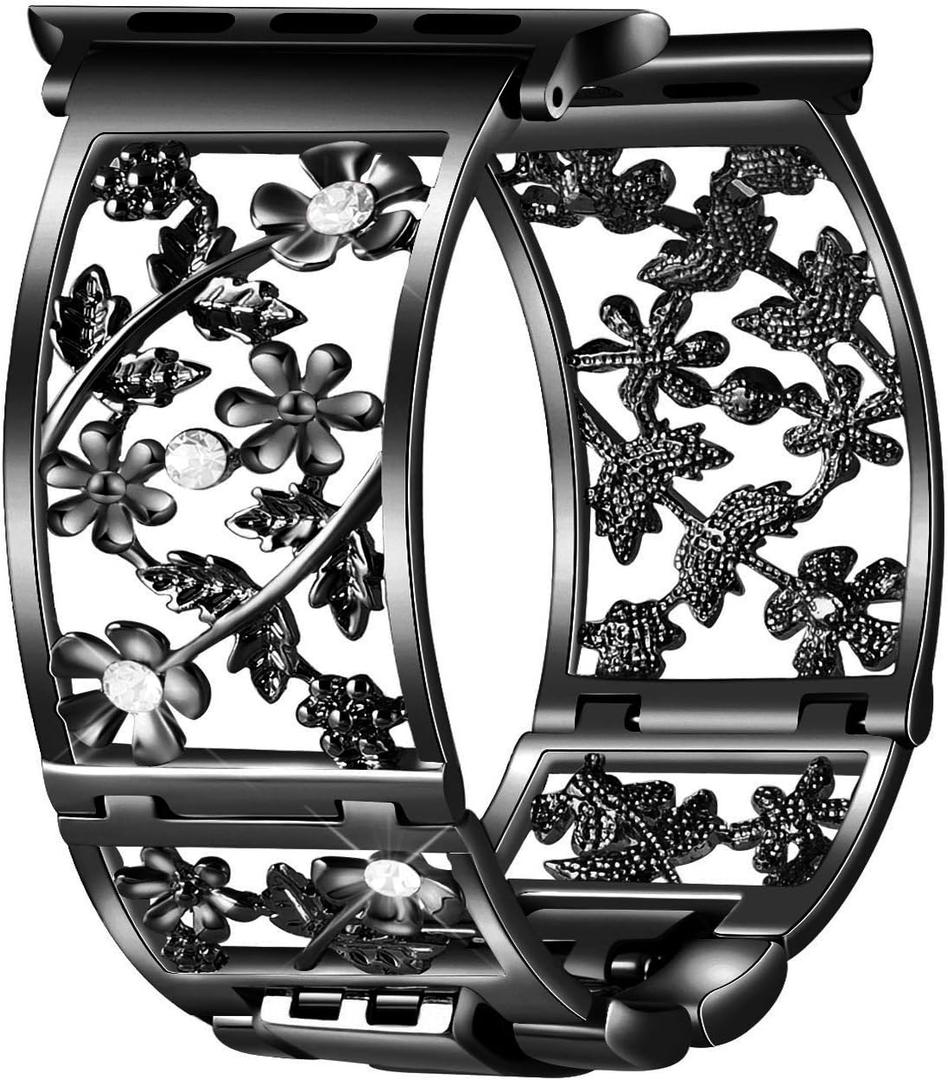 Floral Band Compatible with Apple Watch Jewelry Band 42mm 44mm 45mm 46mm 49mm iWatch Series 11 10 9 8 7,Bling Crystal Bracelet Hollow Metal Strap,Fashion Women Wristband(42/44/45/46/49mm,Black)