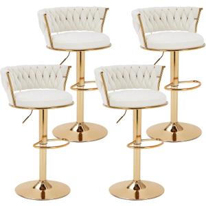 VECELO Bar Stools Set of 4, Modern Luxury Velvet Woven Counter Height Stools with Back and Arm, Gold Metal Leg & Base, 360 Swivel Bar Chair for Pubs Dining Room, White