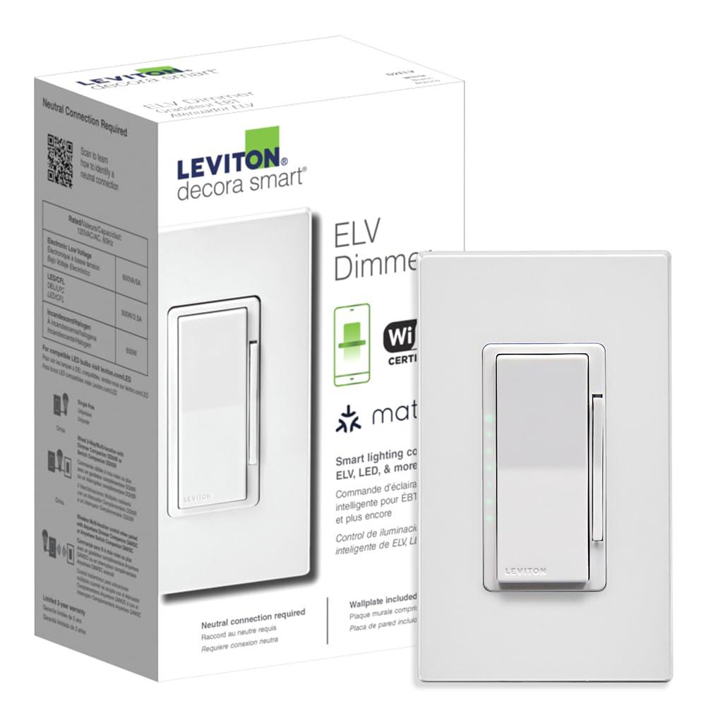 Leviton Decora Smart ELV/LED, Phase Selectable Dimmer Switch, Wi-Fi 2nd Gen, Neutral Wire Required, D2ELV-1BW, White