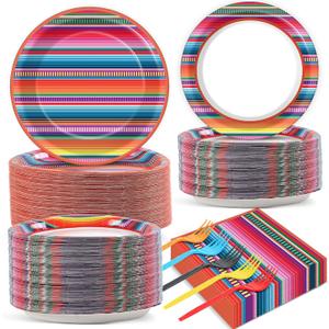 50 Guests Mexican Serape Fiesta Plates and Napkins Party Supplies Cinco De Mayo Party Decorations Disposable Tableware Set Colorful Stripe Mexico Dinnerware Favor for Poncho Dance Pinata Party, 200PCS
