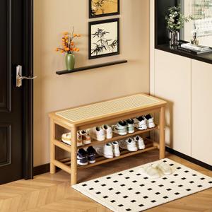 Bamboo Entryway Bench with Woven Rattan Seat, 2-Tier Shoe Storage Bench for Hallway & Entryway 31.5 inches Nature