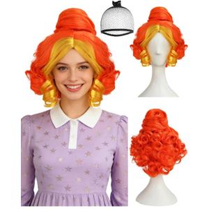 Hair Cap+Red Orange Wig with Bun Short Curly Orange Wig for Women Frizzle Cosplay Wigs Short Layered Wavy Wigs Funny Cosplay Costume for Theme Party Halloween Carnival Christmas