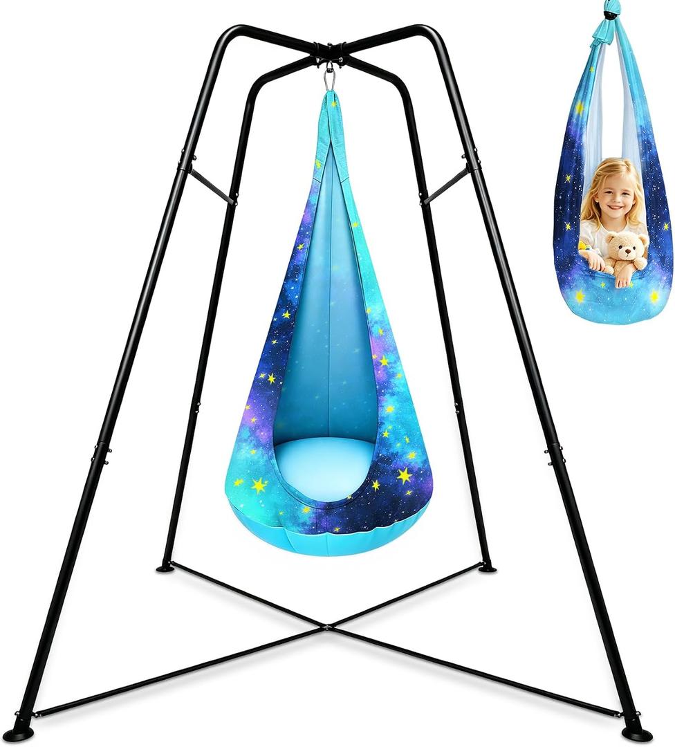 2026 New X-Shaped Sensory Swing Stand with Pod Swing & Chair, Heavy Duty Backyard Swing Sets, Indoor Outdoor Metal Hammock Frame Supports 500LBS (Blue with Star)