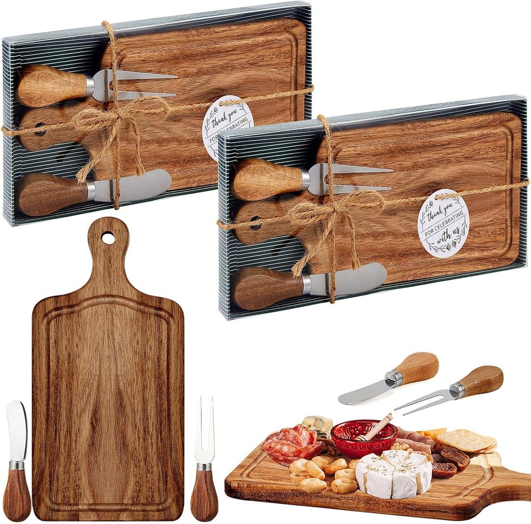 2 Set Bridal Baby Shower Cheese Prizes Wooden Square Board Gift Set Knives Forks Thank You Tags with Box for Guests for Valentines Bridal Baby Shower Housewarming Gifts (Acacia Color)