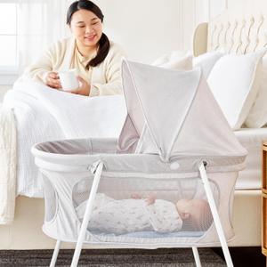 Baby Basics Foldable Infant Bassinet with Canopy, Mesh Sides, Gray