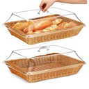 Mumufy 2 Pack Wicker Large Bread Basket for Serving with Acrylic Lid Woven Rectangular Imitation Rattan Fruit Basket with Cover Food Vegetable Display Tabletop Restaurant Kitchen(17.72x13.78'')