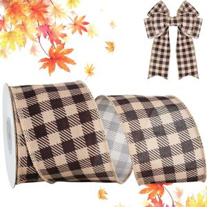 Thanksgiving Fall Wired Edge Ribbon, 2.5 Inch 10 Yard Coffee Lattice Decorative Ribbon for Craft, Wreath Bow, Gift Wrapping, Party Decor