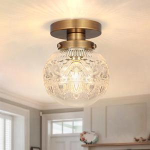 Small Semi Flush Mount Ceiling Light, Modern Globe Clear Glass Ceiling Light Fixture, Vintage Brass Gold Hallway Light Fixtures for Kitchen, Entryway, Bathroom, Closet