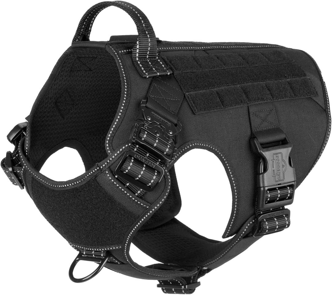 ICEFANG Tactical Dog Harness, Large Size,2X Metal Buckle, Working Dog MOLLE Vest with Handle, No Pulling Front Leash Clip, Hook and Loop Panel, Black, Large (Pack of 1)